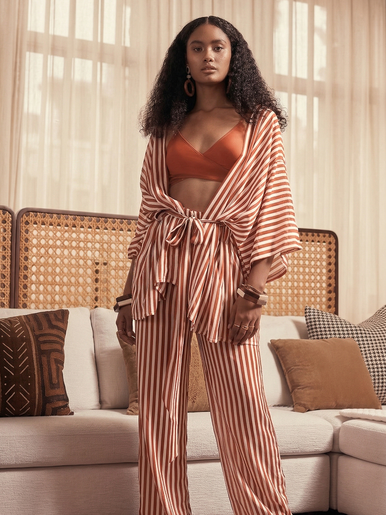 Cabana Kimono and Pants Set - Lines Coral