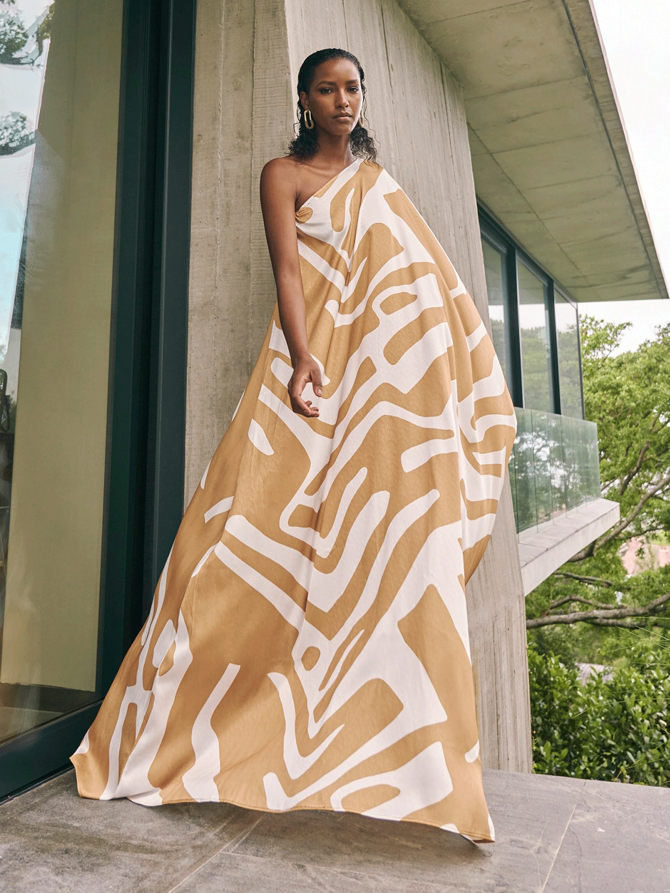 satu one-shoulder dress DIARRABLU Satu Printed Long-Sleeve One-Shoulder Maxi Dress