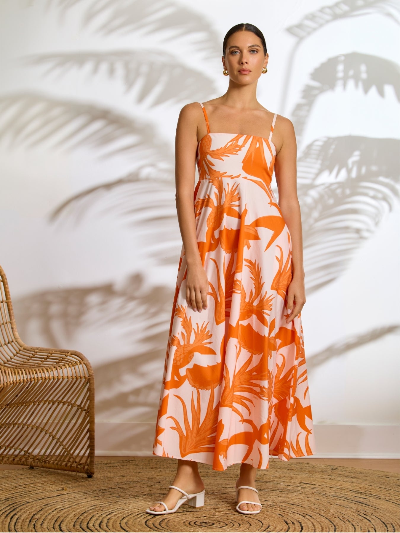 orange print poplin dress Printed cotton poplin midi dress in orange - Johanna Ortiz