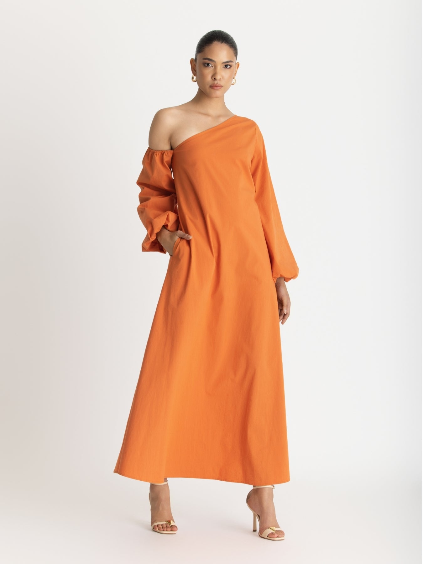 Printed Cotton Poplin Niva Dress - Solid Orange