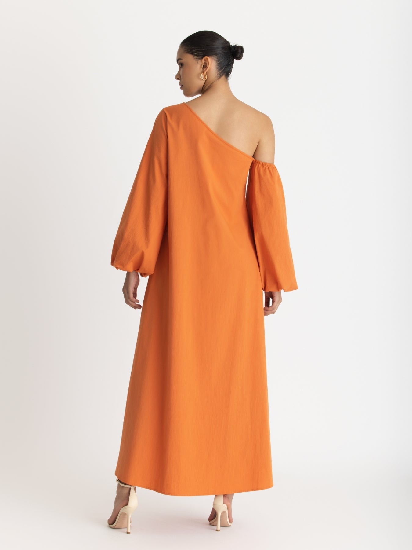 Printed Cotton Poplin Niva Dress - Solid Orange