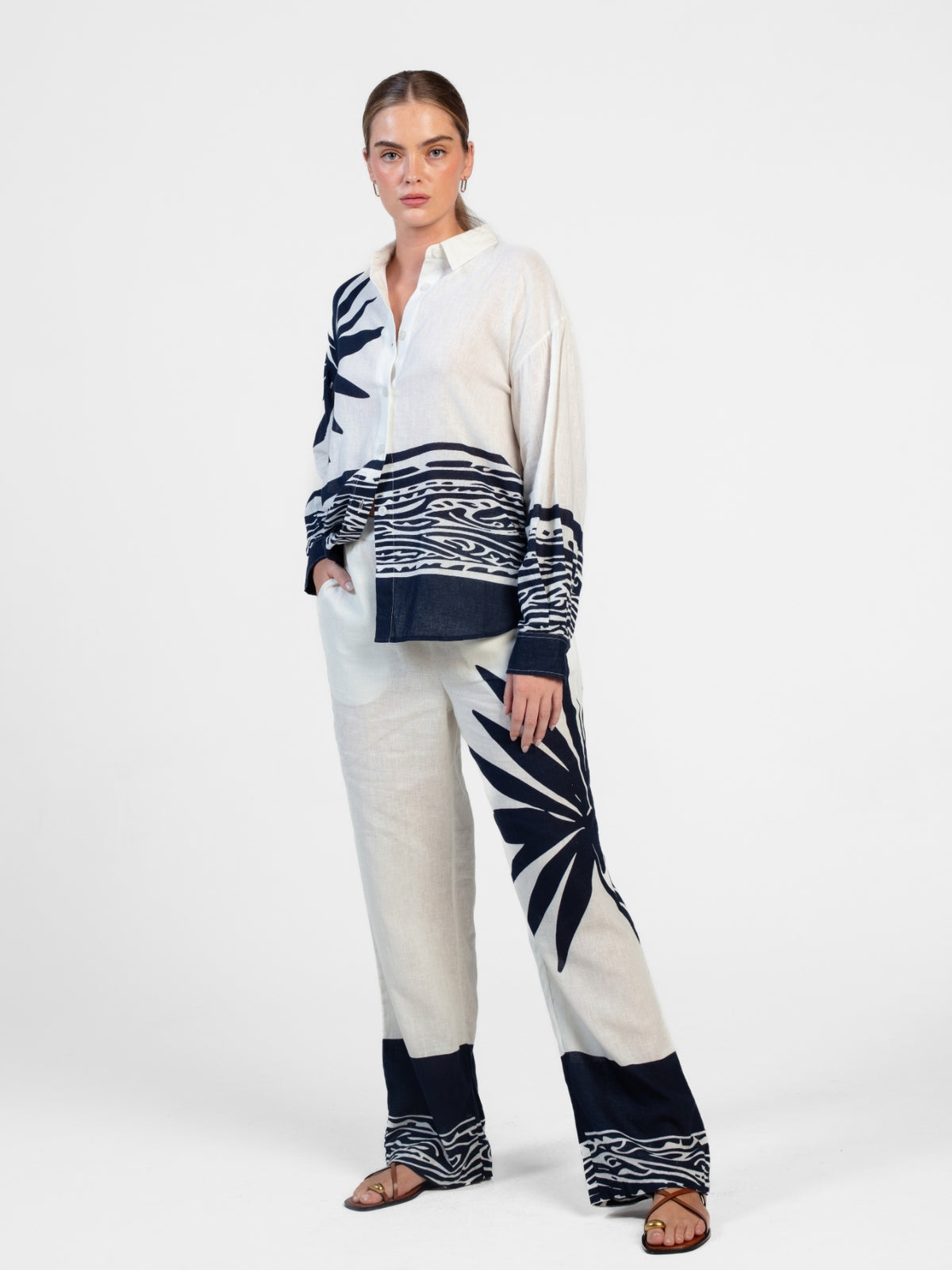 Printed Linen Tova Pants - Baya Navy
