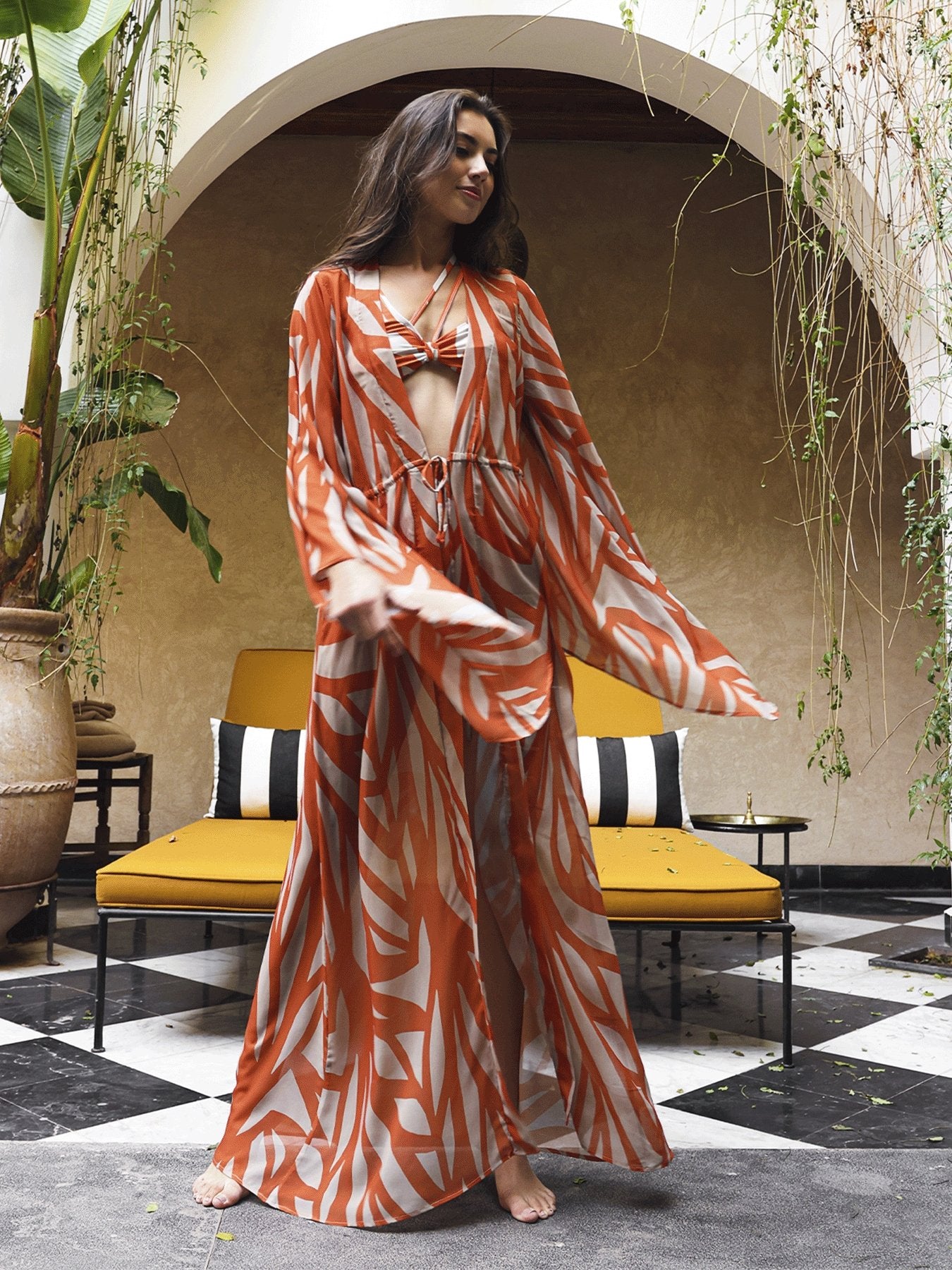 orange kimono dress Furisode Kimono dress gown and string belt upcycled from Japanese kimono "shu, ougi flower"