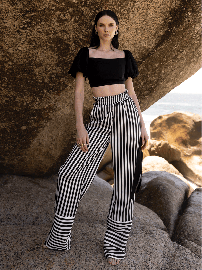 DT Izzy Belted Striped Palazzo pants - grey and white