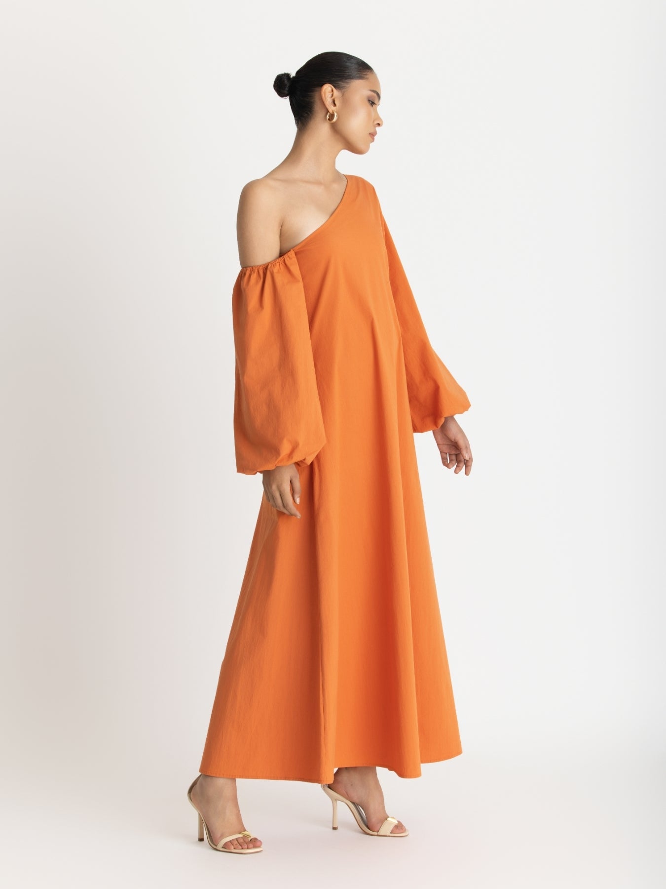 Printed Cotton Poplin Niva Dress - Solid Orange