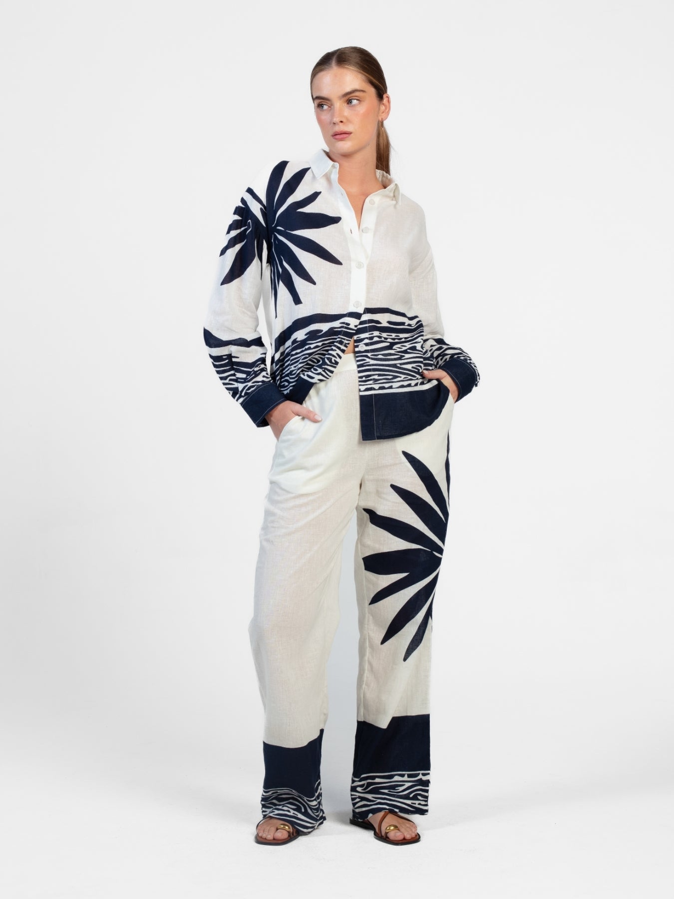 Printed Linen Tova Pants - Baya Navy