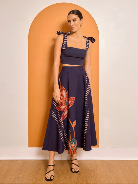 さわDouble Knit Spiral Skirt laubeblanc Printed Cotton Poplin Zya Skirt - Razu Navy
